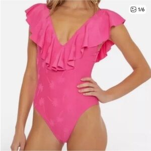 Trina Turk Pink Palm Tree Ruffle Plunge One Piece Swimsuit